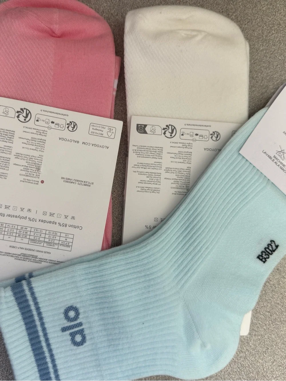 ALO Yoga Women’s half crew socks in Powder Pink , White , and Baby Blue NWT